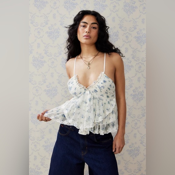 Free People Tops - Free People White Floral Tiered Ruffle Tank Top